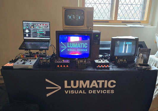 Lumatic Visual Devices exhibition stand at Synth East with Rorschach analog video synthesizer and CRT TVs