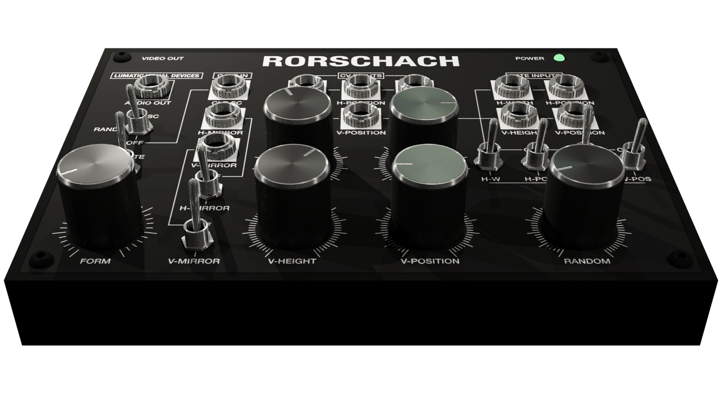 Rorschach vidio synthesizer control panel with knobs and switches
