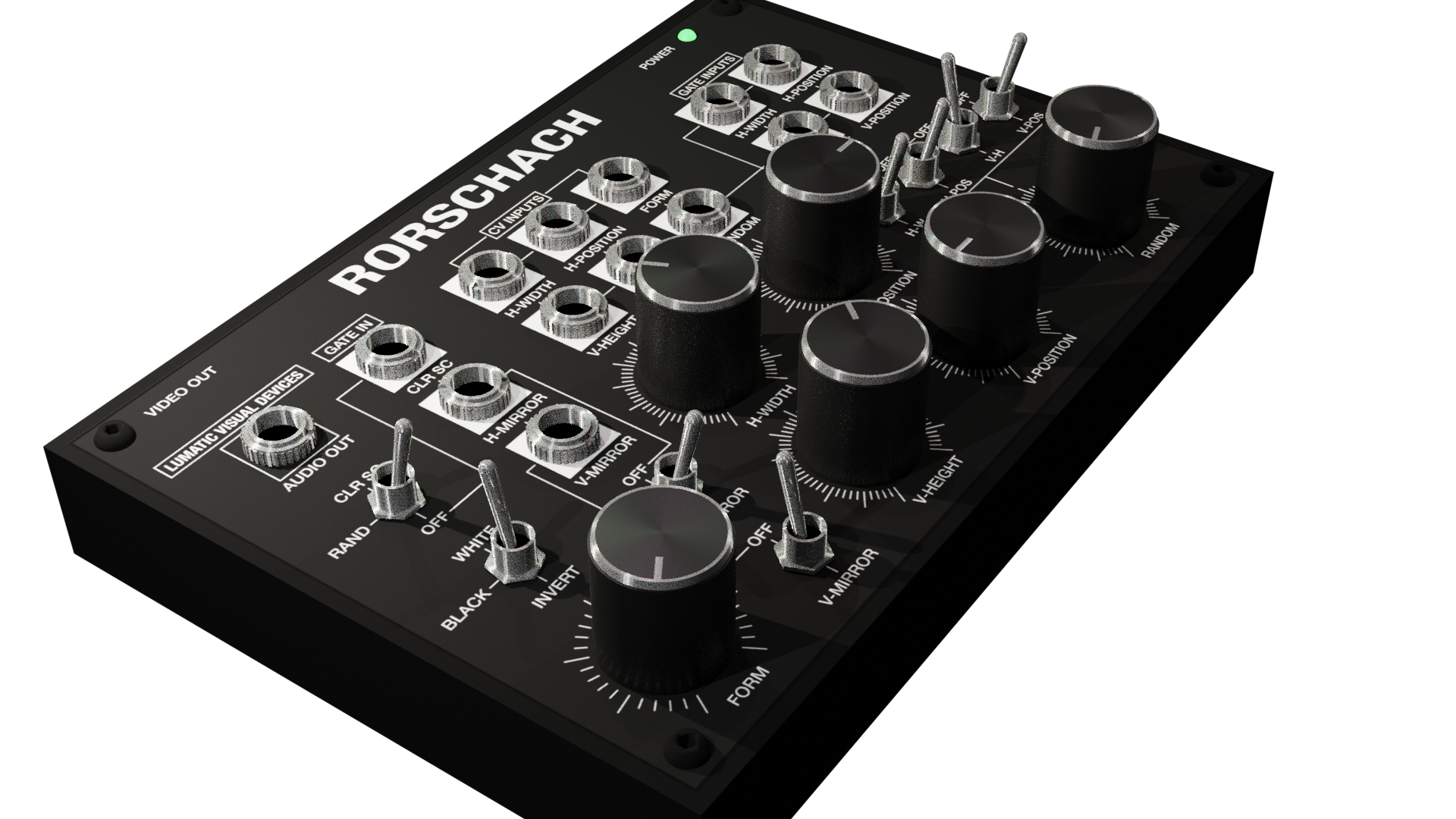 Rorschach video synthesizer render showing audio output, and gate / CV inputs
