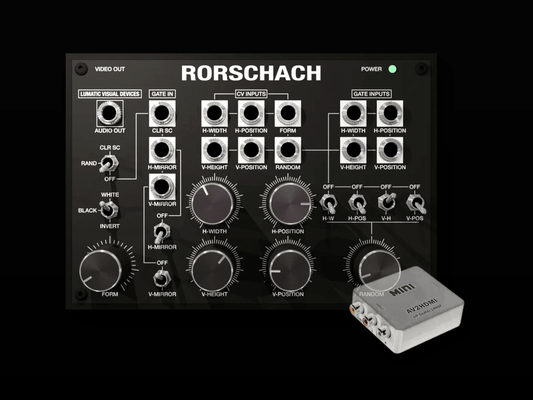 A Rorschach modular synthesizer control panel shown against a black background, with a small white HMI controller placed in front. The main product is the Rorschach panel, with visible controls, knobs, and labels including VIDEO OUT, POWER, and various audio/visual inputs.