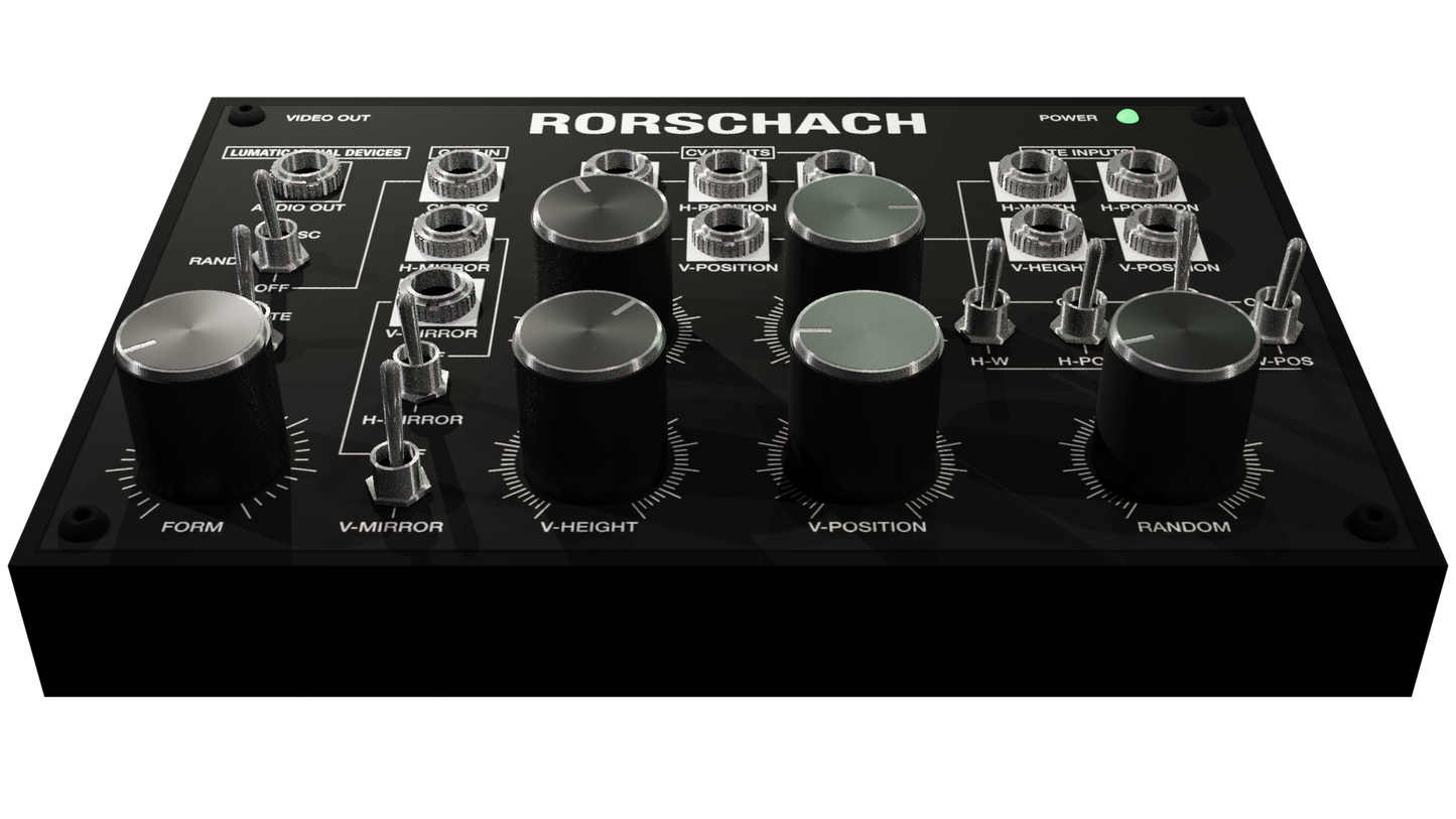 Rorschach vidio synthesizer control panel with knobs and switches
