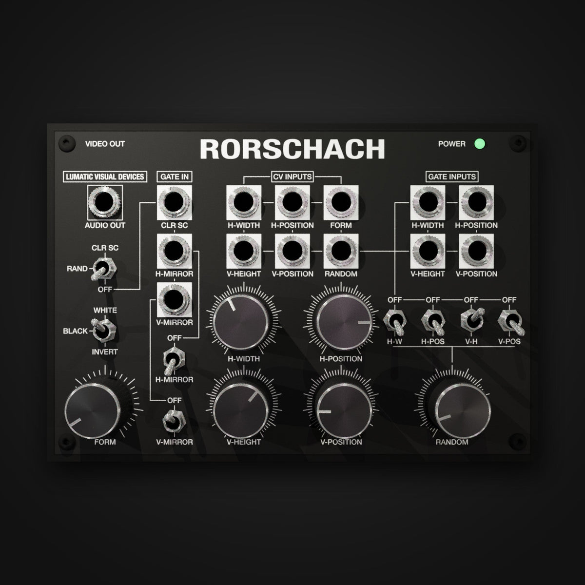 Rorschach video synthesizer front panel with CV inputs, gate inputs and audio output