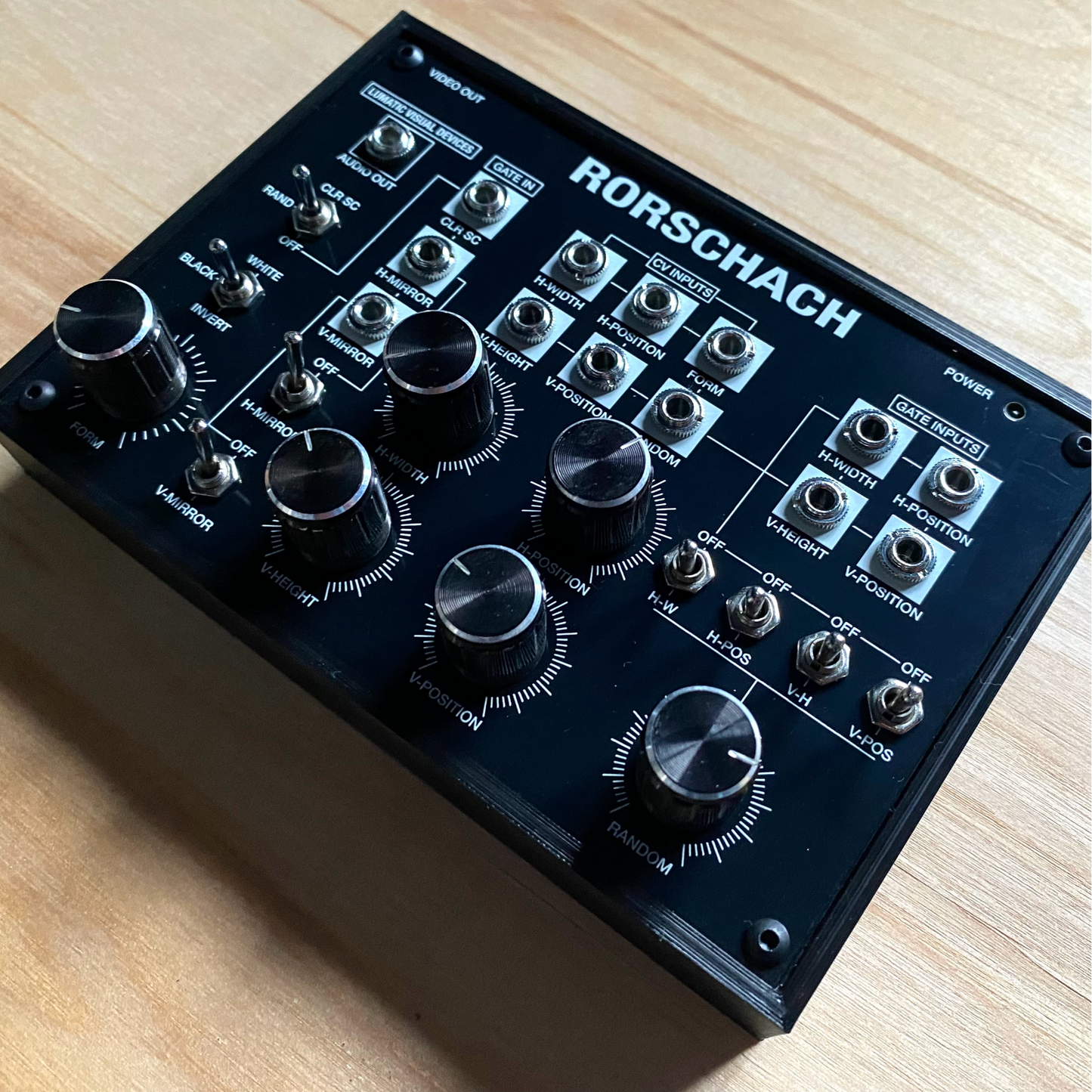 Rorschach video synthesizer showing audio output, and Gate / CV inputs
